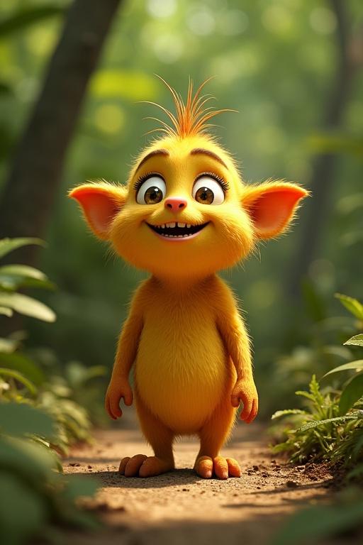 3D cartoon character with a smiling expression under a banana tree in a colorful tropical forest. Character has large expressive eyes and a cheerful pose. The scene is detailed and vibrant, lit with cinematic lighting.
