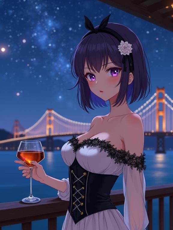 Anime-style woman on a veranda at night holding a glass of amber liquor. She has short dark violet hair with highlights and a white rose hair accessory. Her eyes are violet. She wears an off-shoulder dress with lace patterns. Background has the Akashi Kaikyō Bridge and Milky Way. Magical atmosphere.