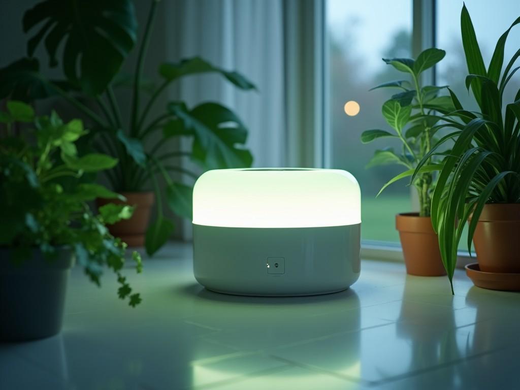 A modern smart lamp glowing softly, surrounded by indoor plants on a white floor near a window, creating a soothing and energy-efficient atmosphere.