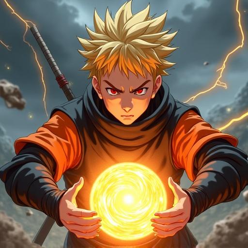 Highly detailed portrait of a young ninja with spiky blond hair and red eyes performing a glowing Rasengan. He wears a black and orange outfit with texture and folds. The background features a stormy battlefield with lightning and debris. Focus on the energy orb and realistic lighting.