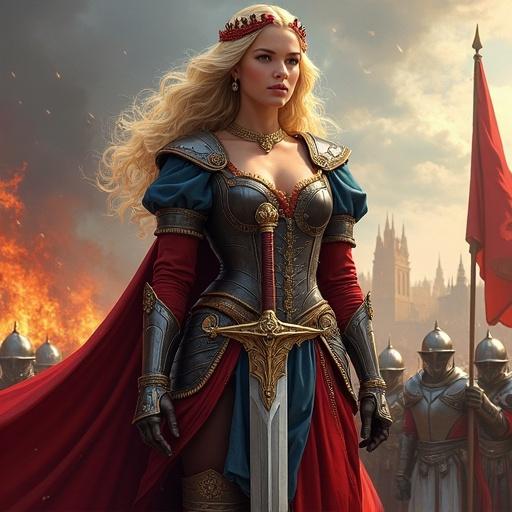 Epic fantasy scene with a commanding warrior queen. Long wavy blonde hair. Red ornate headdress. Elaborate battle attire. Fitted leather and metal corset. Puffed sleeve chemise. Layered skirts in rich colors. Plate armor elements visible. Massive two-handed sword held upright. Army positioned behind. Background includes banners and battle chaos.