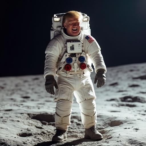 An astronaut in a NASA space suit is laughing on the moon's surface. The astronaut has features resembling a well-known political figure.