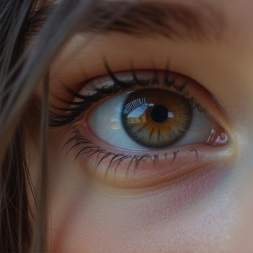 Close-up of a girl's eye captured from a point of view angle. The eye has a mixture of brown and blue tones with long eyelashes.