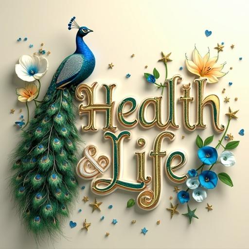 3D rendering of the phrase 'Health & Life'. Shimmering royal green white gold lettering. Shooting stars in multicolors cascading. Background ivory with multicolored peacock. Vibrant calla lilies on the right. Multicolored hearts and gold motifs.