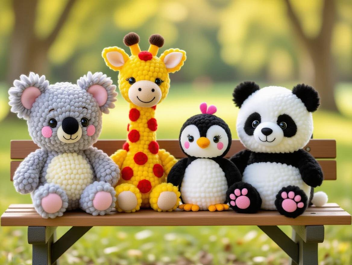 A group of cute handmade animal toys made from fluffy yarn pom-poms. The animals include a koala a giraffe a penguin and a panda. They are sitting on a bench in a park. The scene has a cheerful whimsical aesthetic with soft bokeh. Colors are pastel and the overall vibe is cozy and playful.