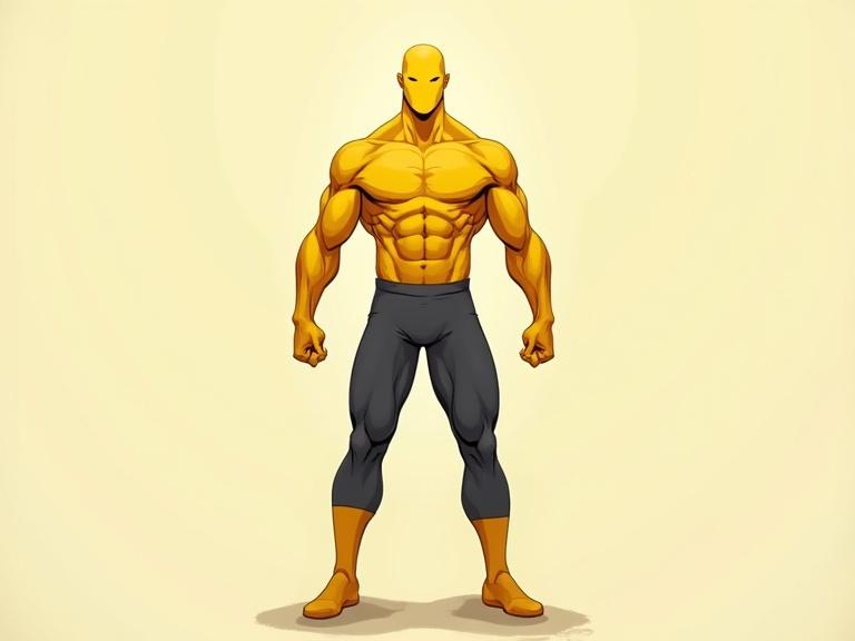 Full-body illustration of a muscular male superhero with golden-yellow skin. The character has a smooth mask matching his skin and a defined muscular build. He wears dark gray athletic pants. The superhero stands upright in a T-Pose with arms stretched horizontally, straight legs, and feet visible. The background is plain or gradient with clean comic book style lines.