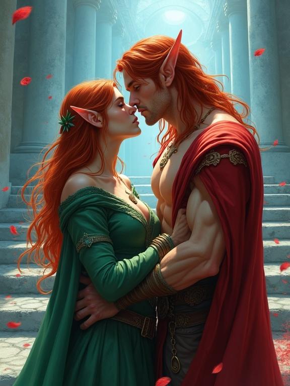 A full body image of a young woman with ginger hair in a green mage outfit kissing a tall handsome elf with long crimson hair. The elf wears a red outfit that reveals his muscular chest. They are positioned at grand temple stairs with blue hues and red petals surrounding them. The atmosphere is magical and mysterious.