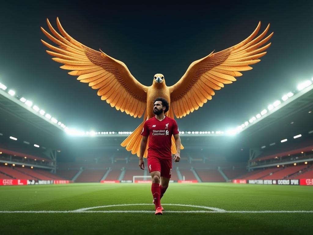 Photo-realistic image of Mohamed Salah in Liverpool kit walking determinedly on Anfield pitch. Behind him is a giant Golden Falcon guardian with sharp eyes and patterns on its wings. Dramatic cinematic lighting enriches the scene.
