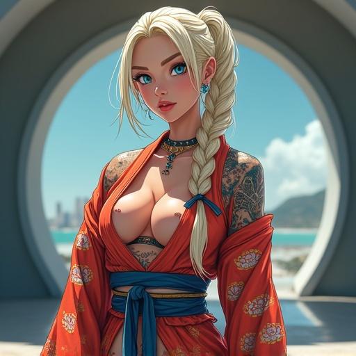 A female anime character in a modern ninja training kimono. She has frosted blue eyes and a prominent light blonde braided ponytail. The character displays colorful tattoos and wears piercings. The setting is a luxurious martial arts dojo in Miami during the summer. She is in a focused pose, demonstrating ninja training. Her outfit is modern and edgy with embellishments. The surroundings reflect a blend of traditional and futuristic design. The atmosphere is vibrant and energetic.