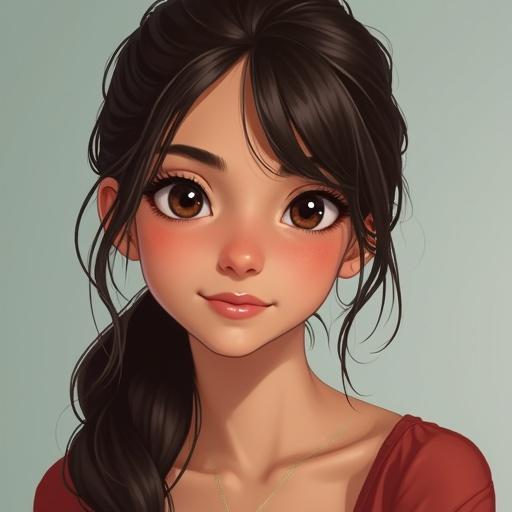Generate an image of a 15-year-old American girl with dark brown hair styled in a low ponytail, dark brown eyes, tanned white skin, and very thick eyebrows. The girl is dressed modestly.