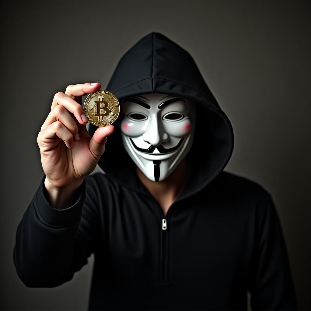 Anonymous figure wearing black hoodie holds bitcoin coin. Image symbolizes cryptocurrency culture and anonymity.