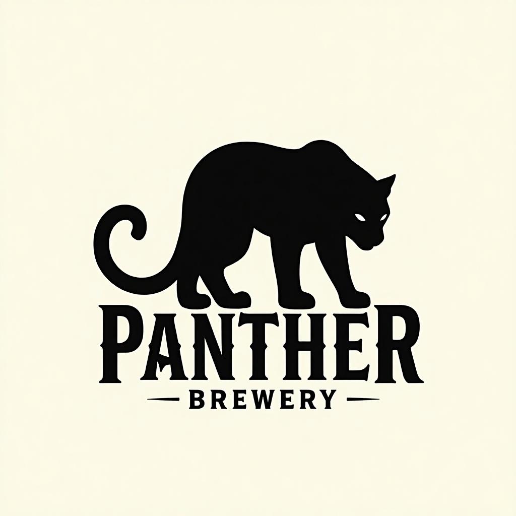 Minimalistic black panther silhouette logo with Rococo art elements. Words 'PANTHER BREWERY' in modern funky typeface.