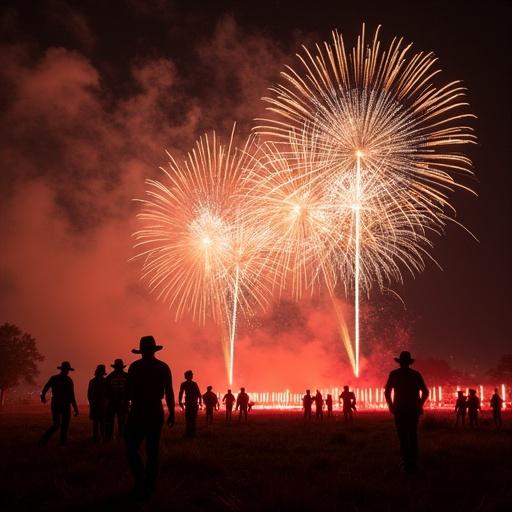Fireworks launch preparation at the Great Texarrakis, Texas. Crews setting up skyrockets for 4th of July celebrations. Silhouettes of people watching the scene. Bright bursts of fireworks lighting up the night sky.