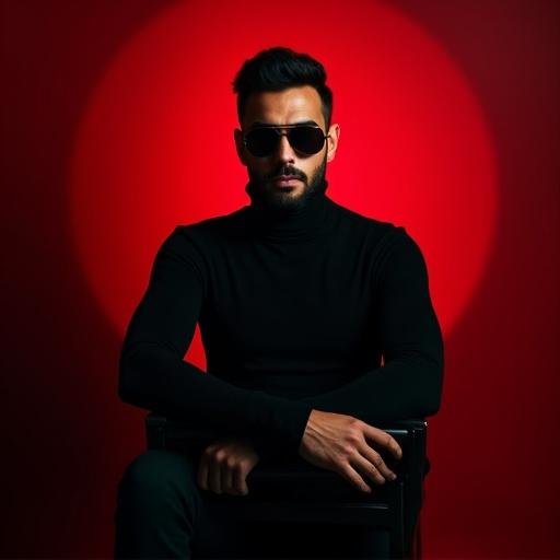 Confident stylish man sitting reverse on chair. Wearing fitted black turtleneck and aviator sunglasses. Background is bold black and red. Dramatic lighting creates strong contrasts. Exudes power and sophistication. Neatly styled hair and sharp facial features. Relaxed assertive posture. Bold art blending fashion and cinema.