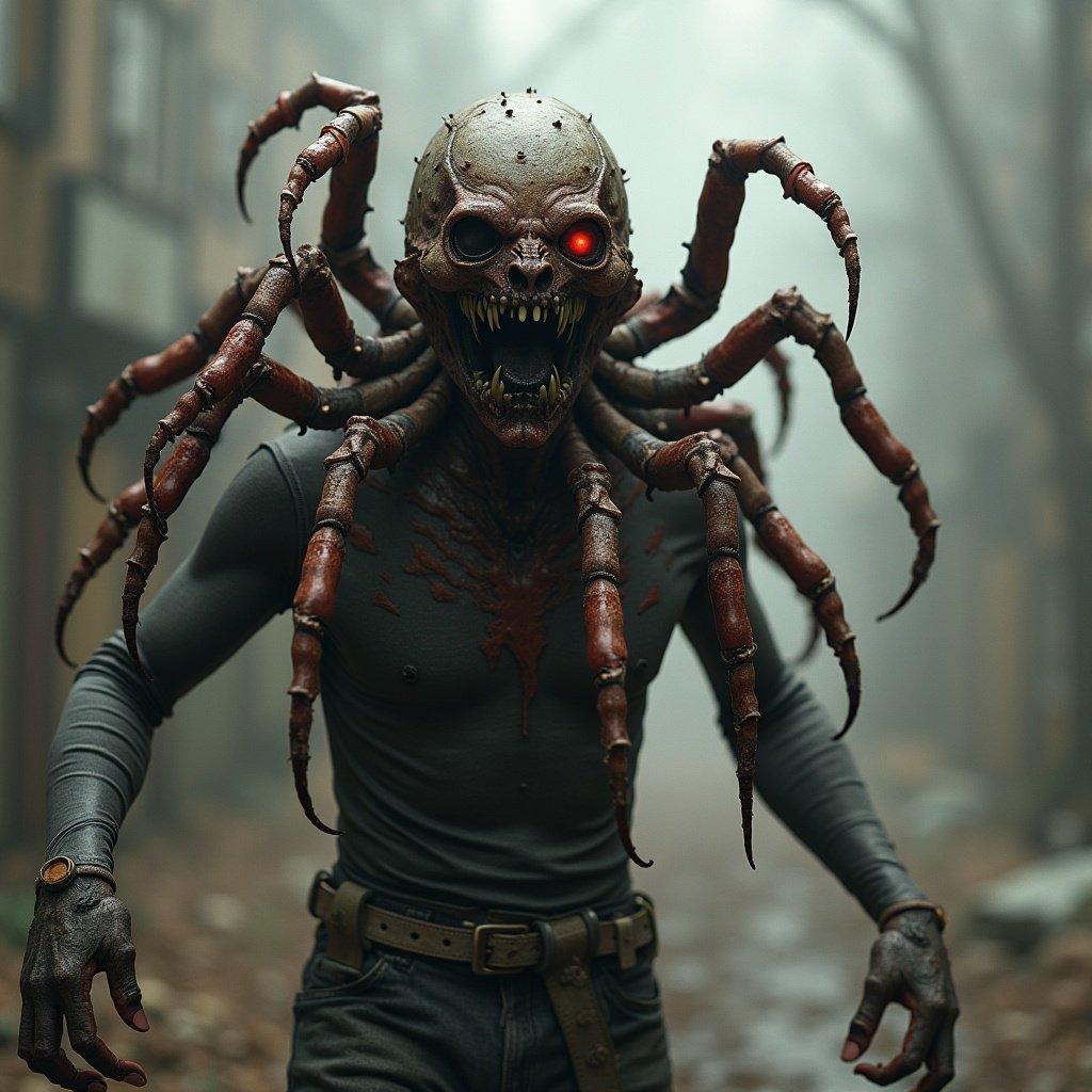 Headcrab infected human transformed into a zombie under the control of a headcrab. The creature has a spider-like appearance with elongated limbs and fierce red eyes. The environment is foggy and eerie, reminiscent of a horror scene.