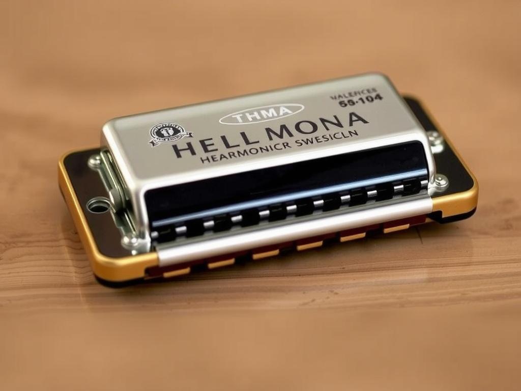 A harmonica with unique branding resting on a wooden surface.