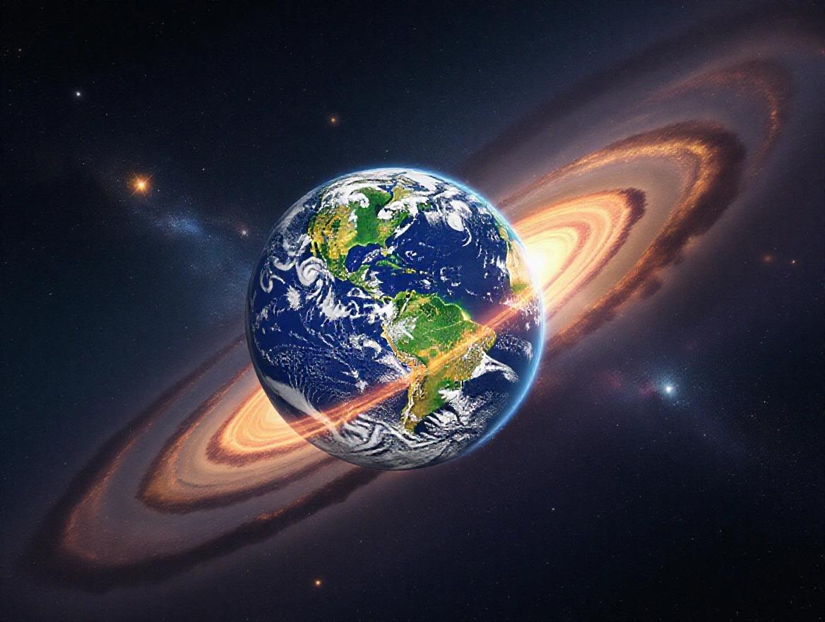 Realistic image depicting Earth flying through space while leaving bright light trails behind.