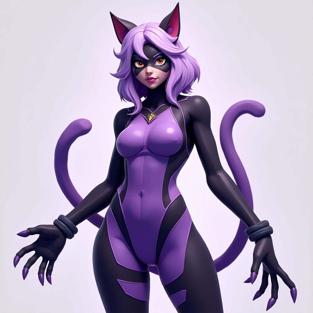 Vibrant character inspired by Fortnite. Light Purple hair. Tall humanoid with cat characteristics. Stylish futuristic outfit in purple with black accents. Exuding confidence and a menacing look with claws. Sculpted in T pose.