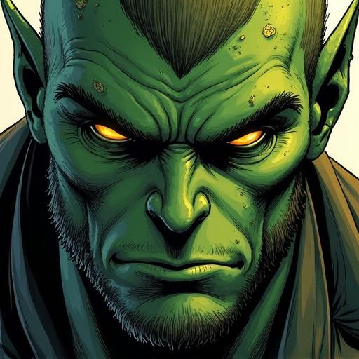 Ultra-detailed portrait of an orc male with green skin and yellow eyes. The mouth is closed with side fangs visible. The lighting is soft and diffused, highlighting smooth lines and shading, comic book style.