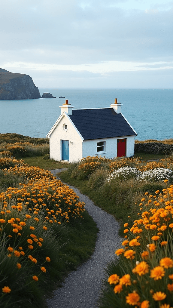 A small white cottage with a red door sits by the seaside, surrounded by vibrant orange flowers.