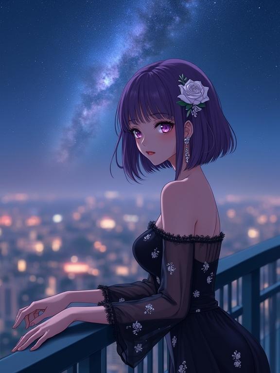 Anime character with violet bobbed hair and elegant black dress. Lady has calm expression wearing rose accessories. Scenic overlook at night with Milky Way in sky and city lights shining below. Soft lighting, artistic detail, cinematic style.