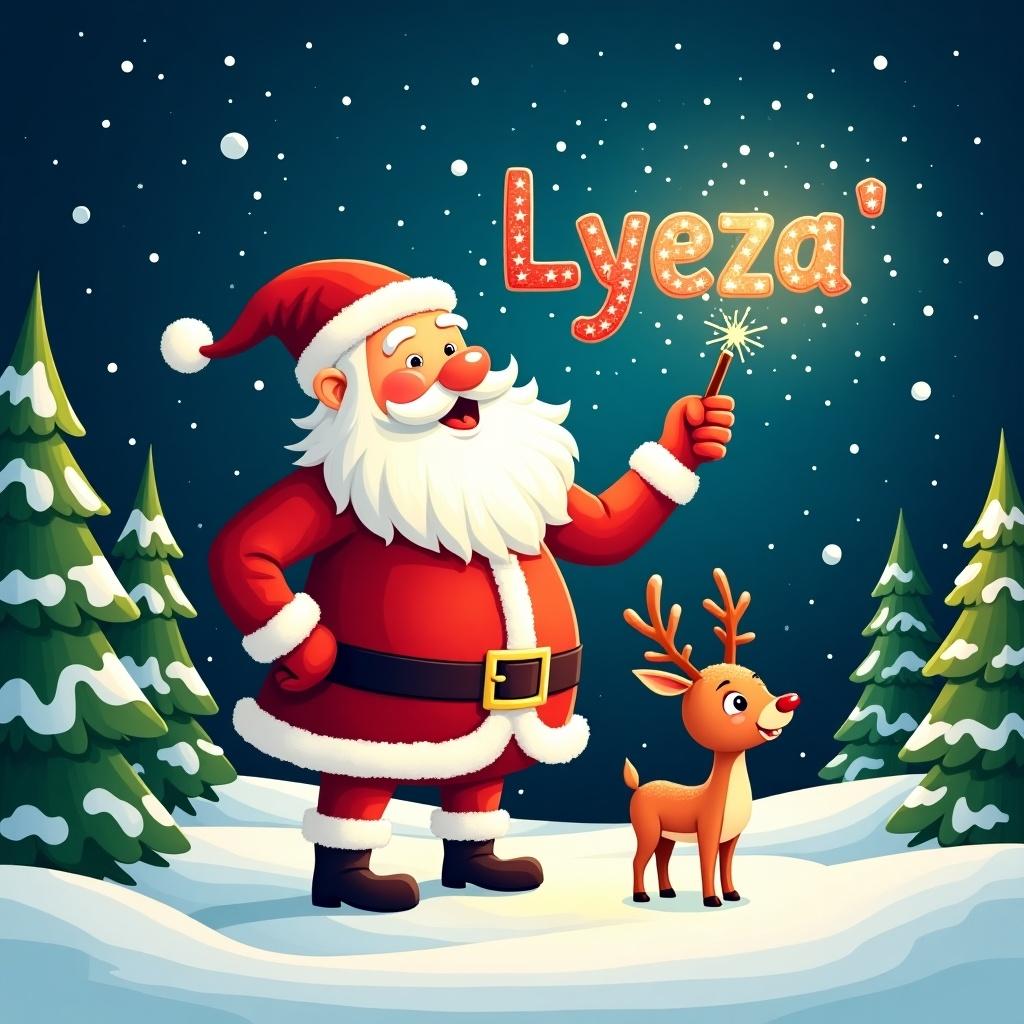 The image features Santa Claus joyfully writing names in the night sky. He stands in a snowy landscape, surrounded by tall evergreen trees. A playful deer is beside him, adding to the festive charm. The text Lyeza' is beautifully crafted with a sparkling effect. The entire scene radiates warmth and holiday cheer.