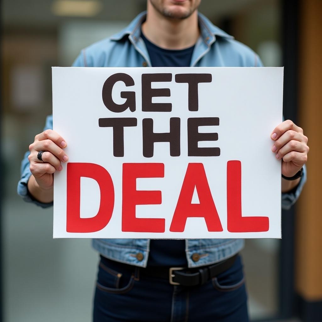 A person holds a large sign that says 'GET THE DEAL'. The sign features bold lettering with red and black colors. The background is blurred, focusing on the message.