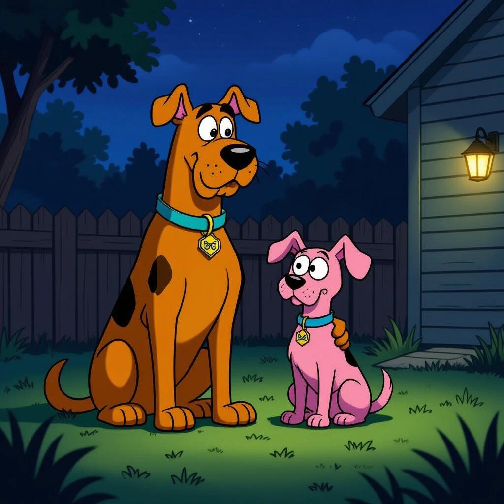 Animated scene shows Scooby-Doo and Courage the Cowardly Dog in a backyard at night. Scooby-Doo is a large brown Great Dane with black spots. Courage is a small pink dog. Background includes a wooden fence, overgrown grass, and a dim porch light.