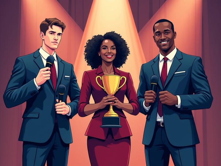 Drawing of three adults in professional clothing standing on a stage with trophies and microphones. Woman in the middle holds a larger trophy. One person is white, one is Black, and the other is Asian. Colors are maroons and navy blues.