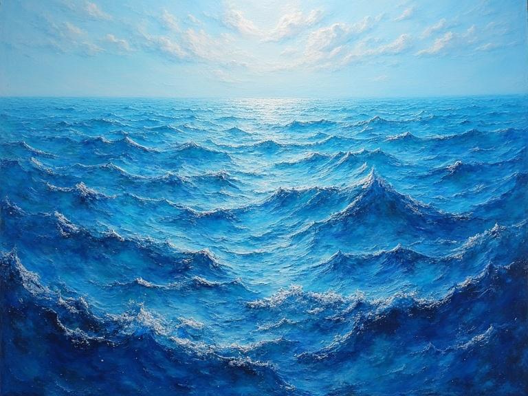 An oil painting of a blue ocean. The waves have metallic traces and a glassy surface. Heavy strokes are used with mixed media and spray paint. Ultradetailed representation of the sea at a bright daylight angle.