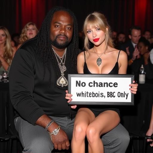 Taylor Swift in blonde pigtails wearing a short club dress and a queen of spades pendant. She has cleavage showing and is in high heels. A large rapper sits with her, holding her close. She smirks and holds a sign that says 'no chance whitebois, BBC only'.