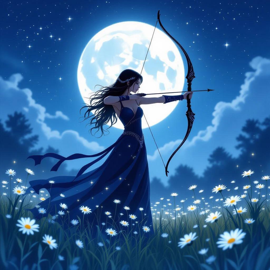 A female archer in a meadow at night. Full moon in the background. Star-filled sky with silhouette lighting. Dark gown with sparkles. Bow drawn with elegance. Surrounded by glowing daisies. Soft and dreamy atmosphere.