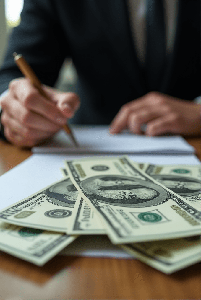 A person in a suit writes on paper next to a stack of hundred dollar bills.