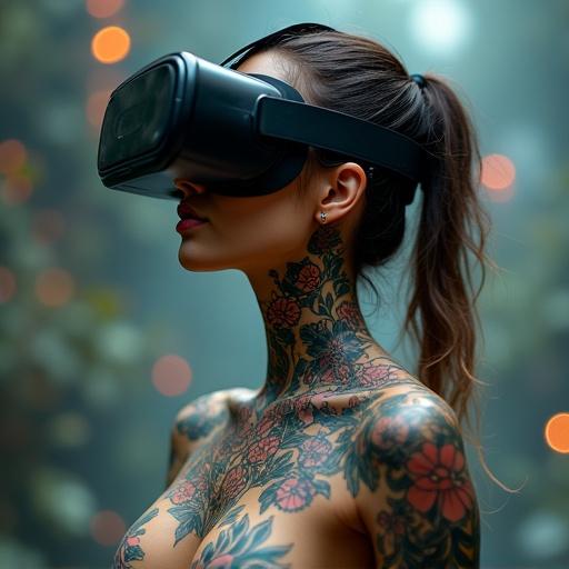 Tattooed woman wearing a VR headset in a futuristic setting. Full-body floral tattoos are visible. Glossy skin shines under dramatic lighting. The background is soft and blurred with bokeh.