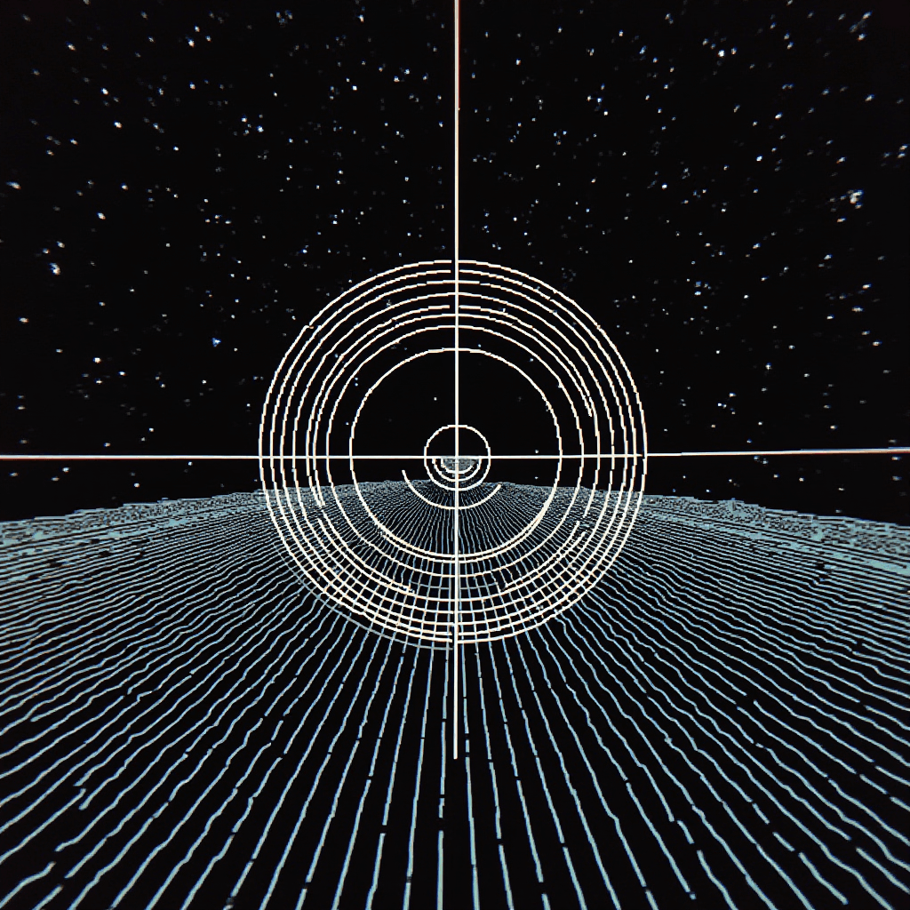 The image displays a futuristic and abstract design resembling a digital grid landscape extending into the distance. The foreground is dominated by parallel lines forming a perspective grid, leading towards the horizon. Overlaying this grid are concentric circular patterns radiating outwards from the center, intersected by two perpendicular lines, giving the appearance of a targeting mechanism. The background features a starry sky, adding a cosmic and high-tech feel to the composition. The overall aesthetic blends science fiction elements with geometric precision, evoking themes of space exploration and digital technology.