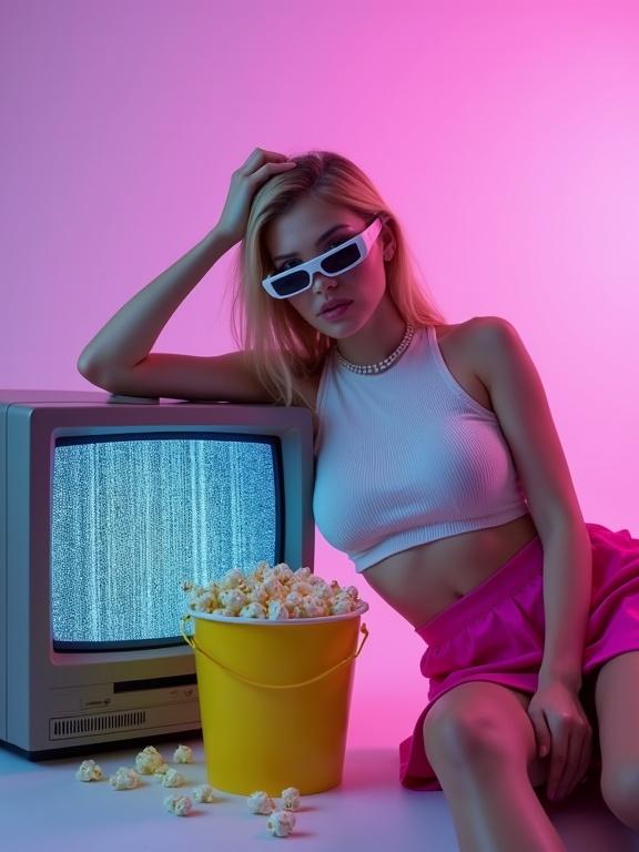 Model with blonde hair leans against an old CRT television with static. Wearing futuristic white sunglasses and a white ribbed crop top. Vibrant pink skirt adds contrast. Large yellow popcorn bucket spills slightly. Background features a striking gradient of purple and pink light. Scene is set on a white surface. High detail in colors and lighting.