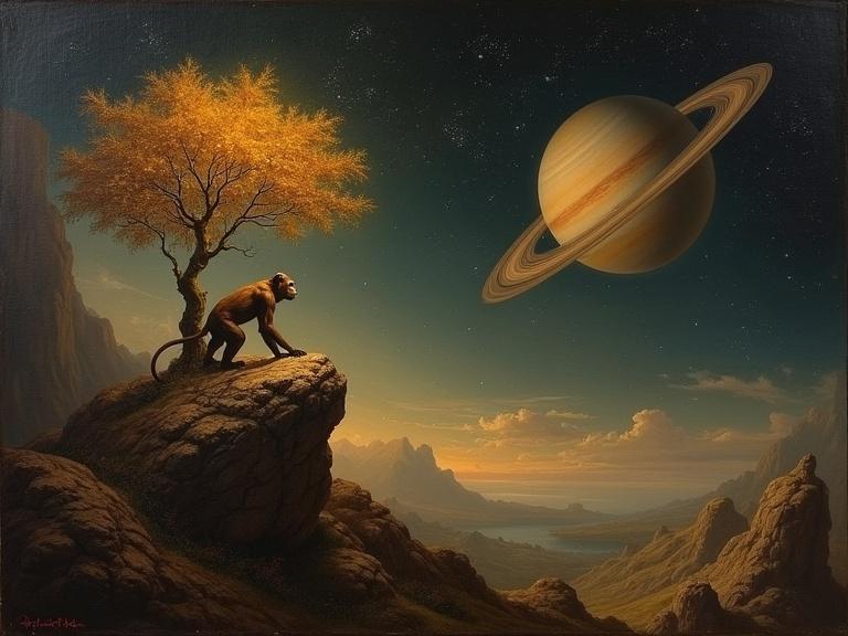 An oil painting in 17th-century style depicting a lone monkey on a small asteroid. The monkey plants a glowing tree. The asteroid is floating in space. The sky is filled with the rings of Saturn. The lighting is dramatic with sharp contrasts. The scene features rich textures and a classic balance.