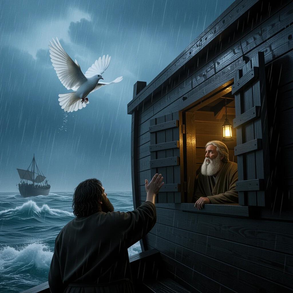 Dramatic cinematic shot of Noah releasing a white dove from the ark. The dove ascends into a rain-soaked sky. Intense focus on the man watching. Rain streaks down the wooden walls of the ark. Water drips from the eaves. Churning ocean under dark, cloudy skies. A faint lantern glows inside the ark. Ark surrounded by clouds with a sense of holiness.