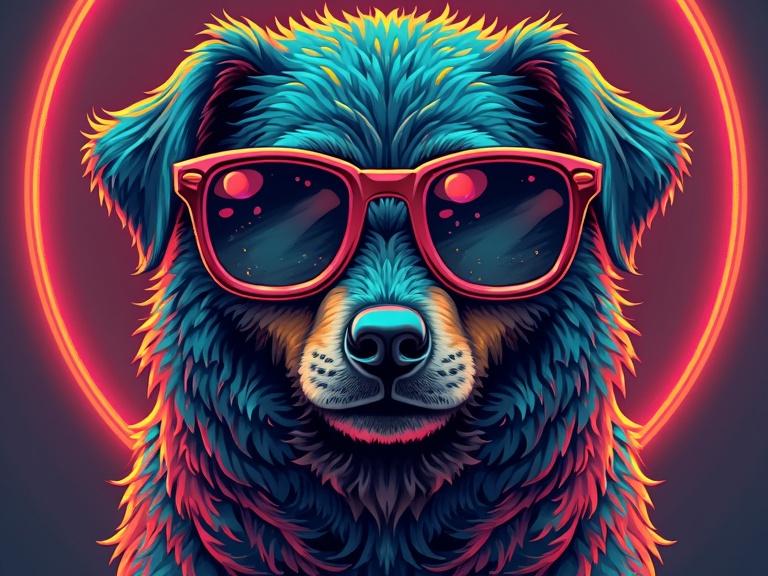 Stylized dog design with vibrant colors. Neon lighting effect creates a striking contrast. Perfect for t-shirt graphics.