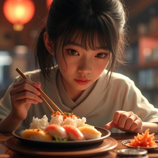Create a photorealistic scene of a young Japanese woman elegantly using chopsticks to enjoy squid sushi. Include a hidden black cat and an engraved logo. Use vibrant colors and dynamic composition with dramatic lighting.