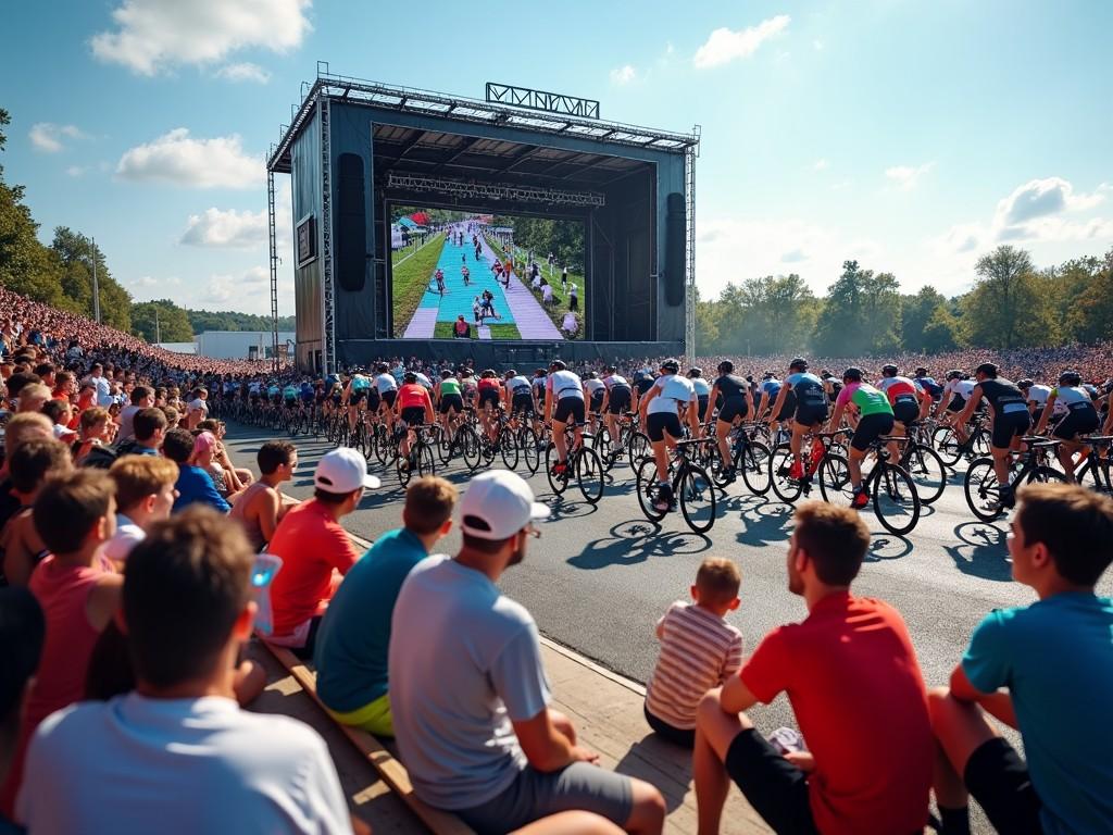 A vibrant cycling event takes place in an outdoor setting. A large crowd of spectators gathers, eagerly watching a big screen showing live coverage of the race. In the foreground, cyclists pedal energetically, showcasing competitive spirit. The atmosphere is filled with excitement and enthusiasm, with a clear blue sky overhead. Red and blue shirts dominate the audience, illustrating their participation and support. The event suggests a sense of community and collaboration. The visual captures both the action of the sport and the energy of the crowd.