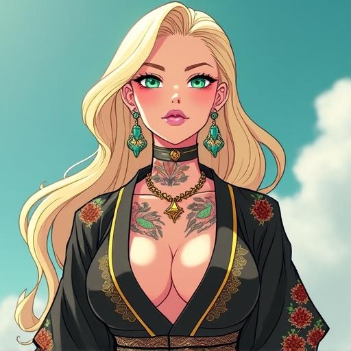 A woman featured on a modern martial arts magazine cover. She has emerald green eyes and oversized light blonde hair. Elegant and edgy outfit with cybernetic elements. Beautiful face with colorful tattoos. Depicted as a famous A-list celebrity.