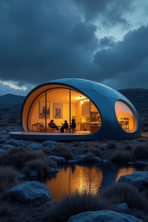 Domed building constructed from smooth gray and blue metal panels featuring panoramic windows. Organic and modern architectural design highlighted by smooth lines and warm yellow lighting. Inside silhouettes of individuals engaged in various activities. Cozy interior with contemporary decor. Rocky terrain displaying sparse flora with a small pond reflecting ambient light. Dark dramatic clouds with glimpses of a lighter sky and stars indicating night.