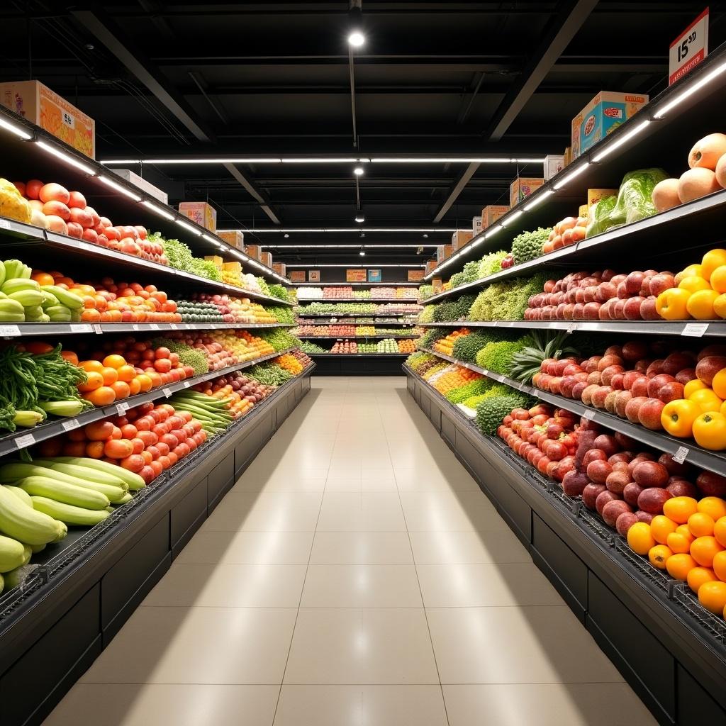 The image showcases a front view of a grocery store aisle filled with an abundance of vegetables and fruits. On either side, brightly colored produce is neatly arranged on shelves. The vibrant greens, reds, yellows, and oranges create an appealing visual feast. Bright, overhead lighting enhances the freshness of the fruits and vegetables. The clean tiled floor leads the eye down the aisle, inviting shoppers to explore the variety of healthy options.