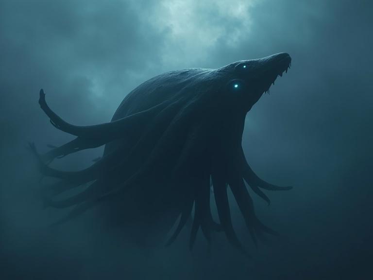 Create a dark cinematic view of a massive black creature with smooth tentacles and glowing blue eyes. The creature breaches through dark clouds high in the sky. Emphasize realism with soft reflections, details, and HDR effect. Include dark blue filter and atmosphere. The creature resembles Ogdru-Jahad from Hellboy.