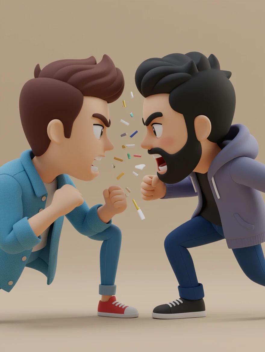 Two stylized characters are facing each other in a fight. They have exaggerated facial expressions. The scene is presented in a 3D animation style with a smooth background. It is a high-resolution illustration.