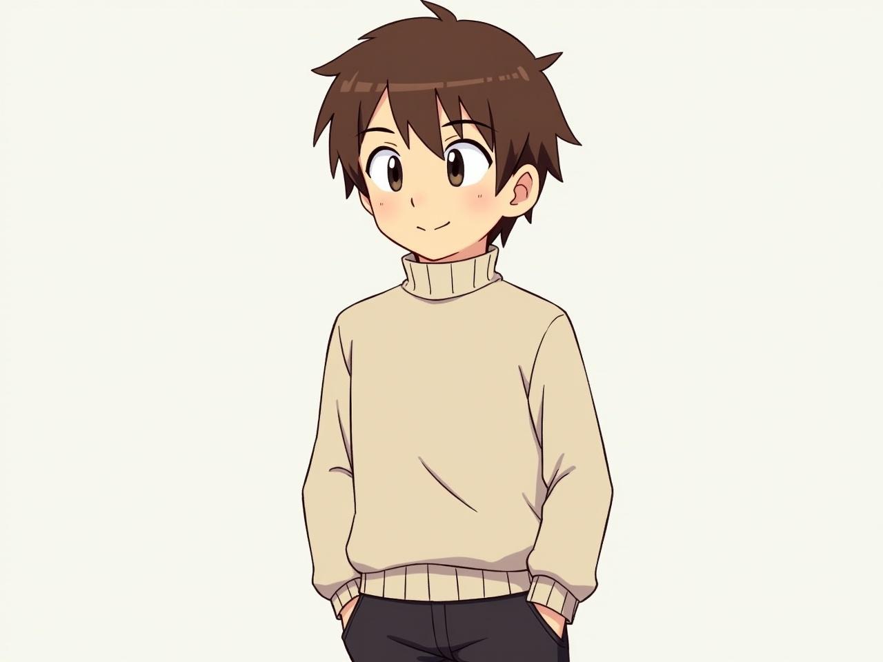 The image features a young male character standing confidently with a slight smile. He has short brown hair styled neatly and is wearing a light-colored turtleneck sweater paired with dark trousers. The character's hands are placed casually in his pockets, conveying a relaxed demeanor. The background is simple, focusing attention on the character. He appears to be animated, likely from a video game or cartoon, and displays a friendly and approachable expression.