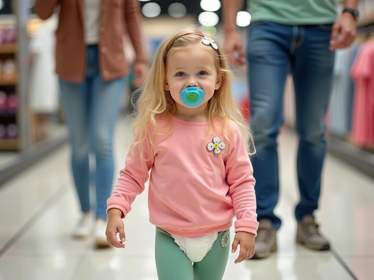 A young girl walks confidently through a shopping mall, dressed in a stylish long sleeve pink t-shirt and emerald green leggings. She sports long blond hair and emerald green eyes, and her cheeks are brightened with a smile. In her mouth, she has a pacifier, which contrasts playfully with her outfit. Her parents stroll behind her, showing a typical family outing scenario. The bright shopping environment is inviting, making it a joyful setting for children. The girl's Velcro strap shoes give her a casual but trendy look, enhancing the overall cheerful atmosphere of the scene.