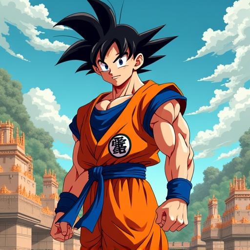 Anime character in orange martial arts gi. Character poses dynamically against a colorful landscape. Character represents strength and determination. Appears in a martial arts stance with a confident expression. Background includes stylized clouds and ancient architecture.