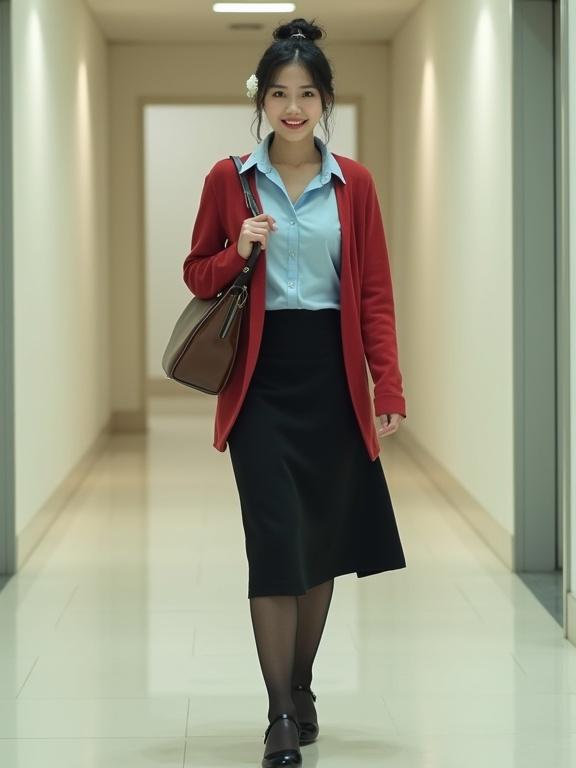 Full-body image of a young East Asian female agent walking confidently in agency corridors. She wears a sky-blue blouse, a black knee-length skirt, and a cherry-red cardigan. The outfit includes black pantyhose and black closed-toe heels. Black hair is neatly bunned with a small white flower hair clip. She carries intel files and a brown satchel. The setting has off-white walls and a modern dim ambiance.